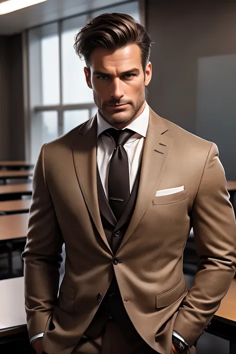 handsome male, 50 year old man, attractive, with an elegant suit, in a classroom, (brown hair with some white streaks), extremel...