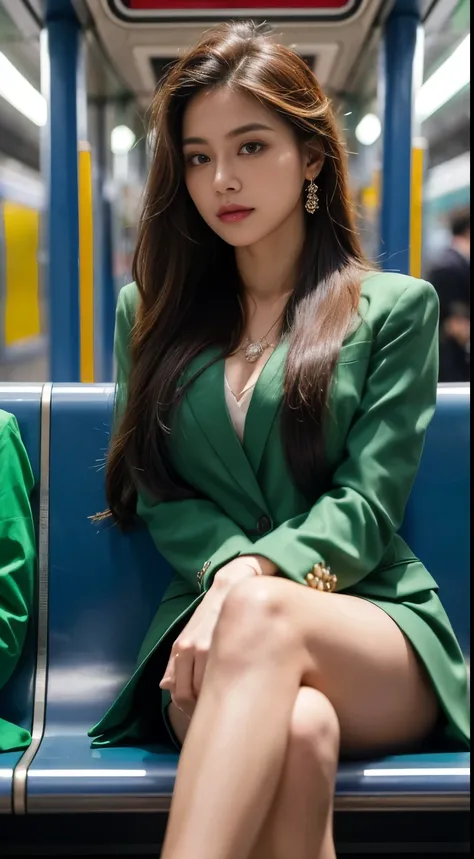 (1girl), solo, latin-girl, long_hair, wearing(green-formal_suit, jewelry), photo(medium-shot), portrait, sitting-poses สวยสง่า, pov, blurry_background, background(futuristic-metro_station), (photorealistic, absurdres, best_quality:1.55),กลางภาพ