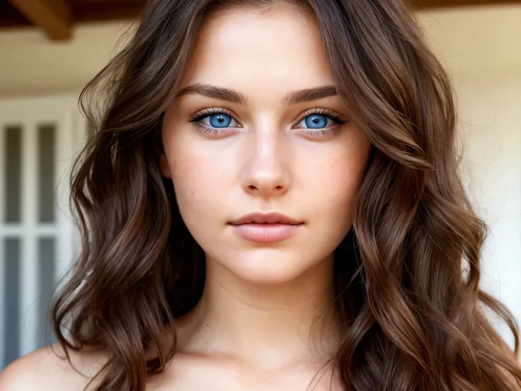 Close-up face of a beautiful, natural young woman in her twenties, brunette blue eyes, her wavy hair. 