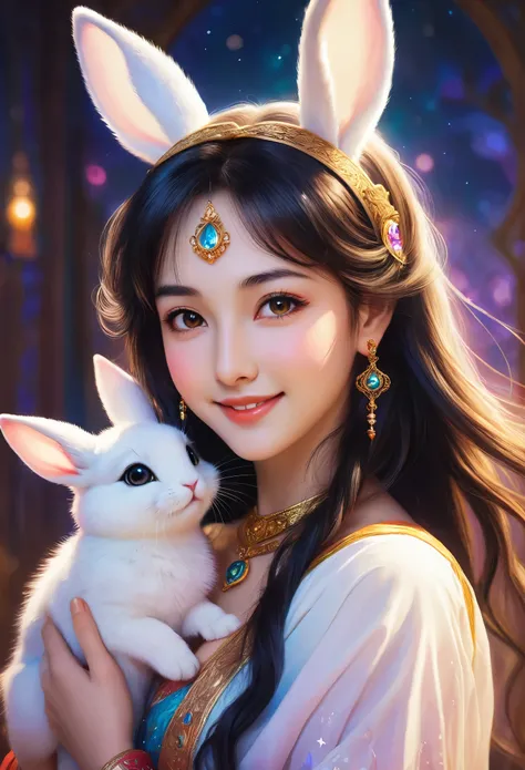 masterpiece, best quality, novel illustration, highres, 300dpi, dreamy, exotic, turkish, arabian style, furry usagi girl, smiling, vibrant colors, magic, enchanting, whimsical, romantic, sensual, seductive, passionate, beautiful, alluring, bewitching, mesm...