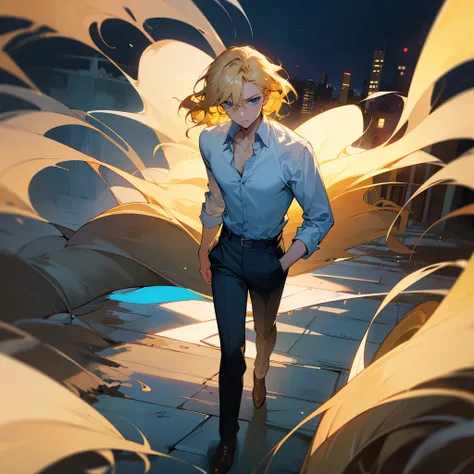 1male, young adult, finely blue eyes, wavy medium hair, blonde hair color, button down shirt, dress pants, night time, walking on path, city, calm expression, scars