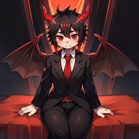 A black haired dragon boy in a loose business suit with red horns and red dragon tail and a black crown adorned with rubies sitting in a sext manner