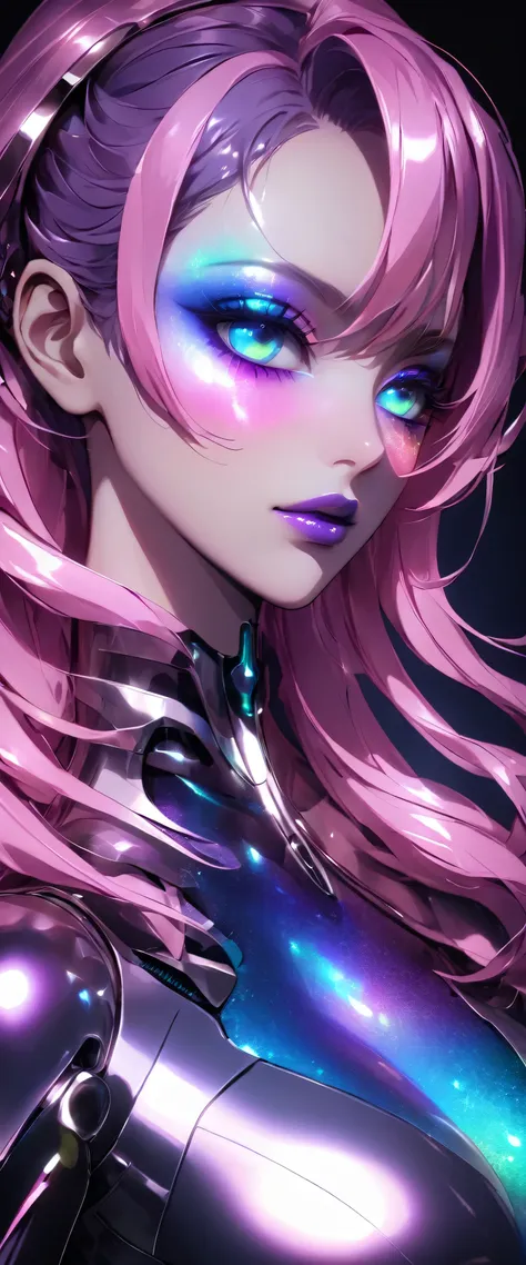 80’s glam rock makeup on shiny android face, anime, 2.5d, glittery face, moody lighting, (purples, pinks, and blues), iridescent...