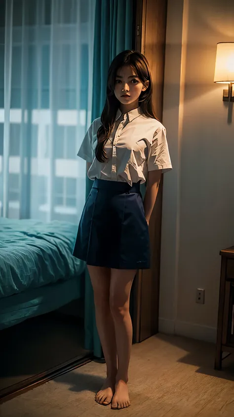 Cute girl trapped and tied up、A lighted room at night、Blue Skirt、Red short sleeve shirt、Standing、Head to toe、Beauty、Age 25、Medium、Outside the window is night、As shown in the picture、