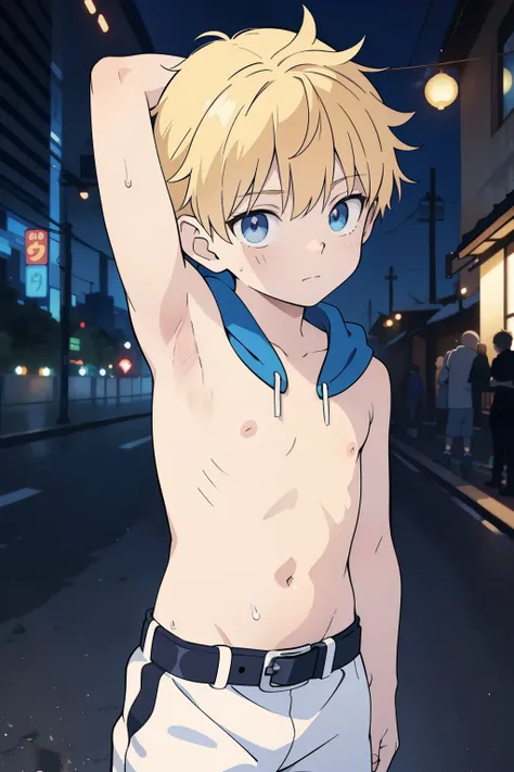 Highres, Masterpiece, Best quality at best,Best Quality,hight quality, hight detailed, Anime style, 1boy, teenager, cuddle, pretty face, Shota, young boy, Sleeveless hoodie, bare shoulder, upper body, belt, 12-years-old, handsome, Adorable little armpits, ...