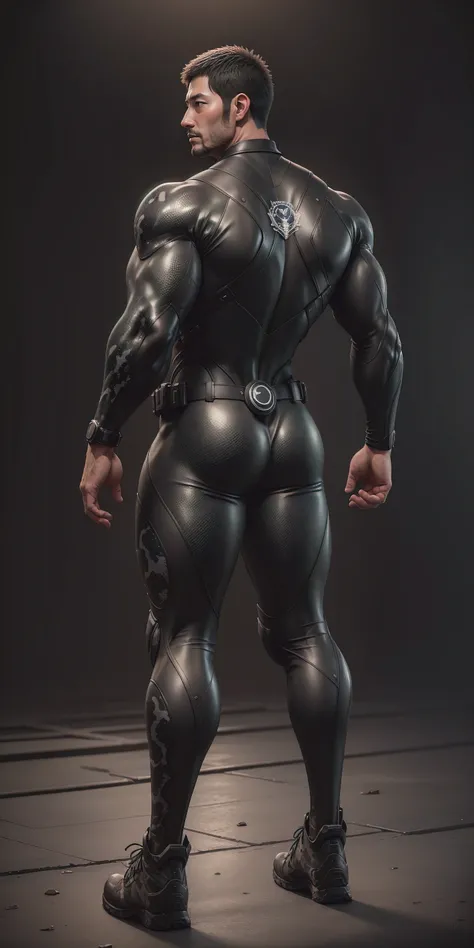 Tall giant muscular police officer，Back，Solid back，He is tall，Very long legs.，Mocha black and gray camouflage diving suit，Shiny snake scale texture，have（Python）Tightly Wrap，Round and firm buttocks，Character Conception（Resident Evil - Chris Redfield，Chris R...