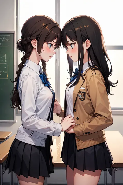 Masterpiece, top quality, (2 Girls: 1.3), beautiful girl, staring at each other, (Lesbian: 1.3), (embarrassed, blushing), uniform, (jacket, white shirt, pleated skirt), classroom, braids, (brown hair, ), slender figure, (small breasts), (touching partner)