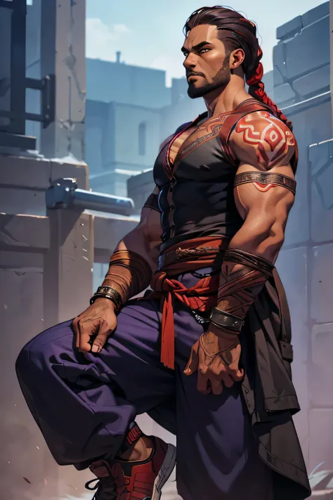 black man son of Kratos (god of war) with a body full of Nordic tattoos, with red braided hair with black highlights, purple and shiny eyes, strong arms and muscles, dark brown shirt, wide blue pants, red sneakers and a coat on top