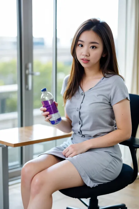 1 girl, masterpiece, wearing a gray office dress, model holding a water bottle, sitting in an office chair, having a desk, in th...