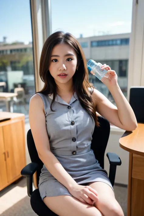 1 girl, close-up, masterpiece, wearing a gray office dress, model posing holding a water bottle, sitting in an office chair, wit...