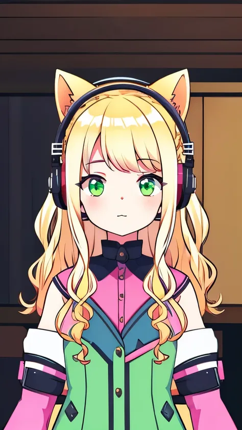 high quality, blonde hair girl, long wavy hair, green eyes, chubby cheeks, cat headphones, vtuber, pink gaming room