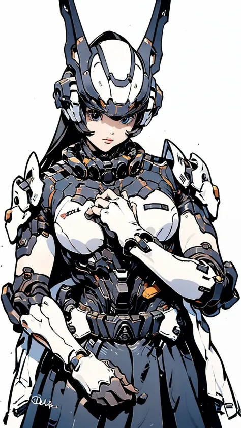 Android Combat Suit、Off-white and blue coloring、Upper Body、Very beautiful Japanese girl、Black Hair、Straight Long Hair、Hime cut、Futuristic headgear with large antennae、Carrying a sword、Japanese sword、Simple Background、masterpiece、Best Quality
