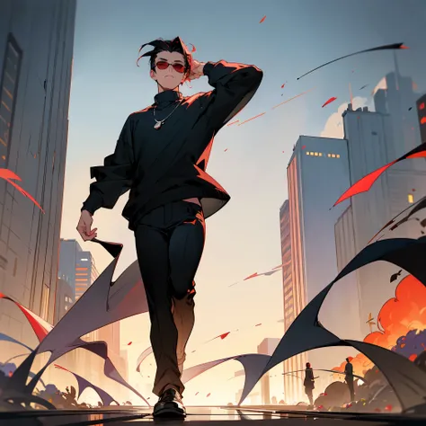 solo, 1male, adult, finely detailed red eyes, slick back hair, black hair color, loose sweater, loose casual pants, night time, walking on path, city, somber expression, flowers, sun glasses