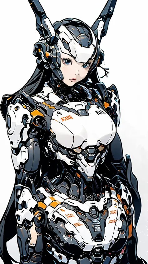 Android Suit、Off-white and blue coloring、Upper Body、Very beautiful Japanese girl、Black Hair、Straight Long Hair、Hime cut、Futuristic headgear with large antennae、Naginata、Simple Background、masterpiece、Best Quality
