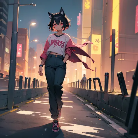 1female, adult, tan skin, finely detalied pink eyes, wild short hair, black hair color, casual clothing, baggy pants, night time, walking on path, city, calm expression, scars, wolf ears