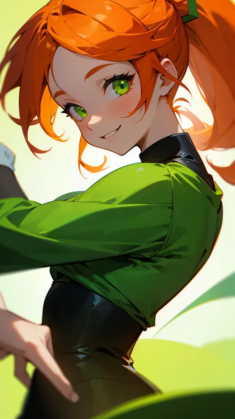 girl、smile、Orange Hair、Green Eyes、Ponytail、Background light green color、The clothes are green、