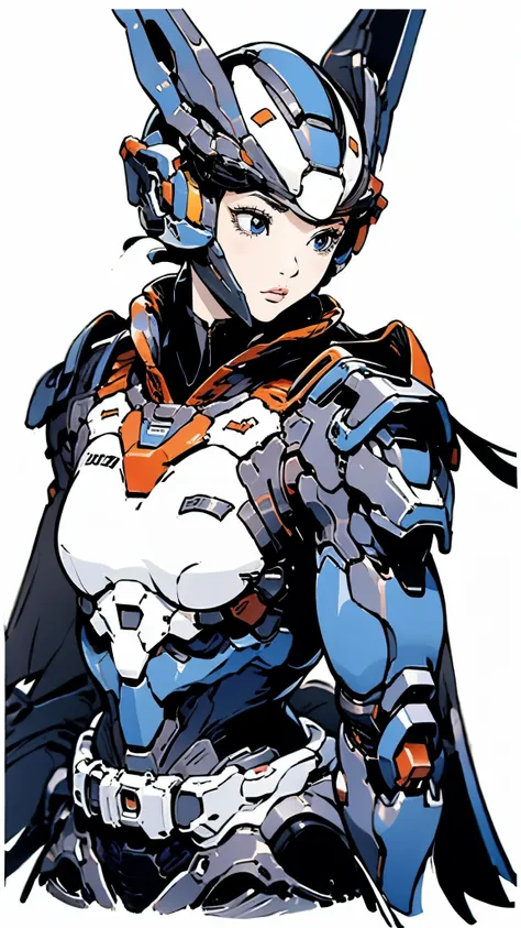 Gundam Armor、Silver body color、Beautiful Japanese Girl、Black Hair、Straight Long Hair、Hime cut、Gundam Helmet、Simple Background、masterpiece、Best Quality
