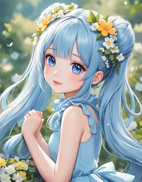 Close-up of a beautiful girl with a flower crown on her head, Light blue long hair、Twin tails、Cute cartoon character, Cute cartoon, Cute digital art, Cute Characters, Adorable digital painting, Cute cartoon style, Cute detailed digital art, Nice and cute, ...