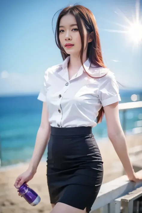 1 girl, wearing a white short-sleeved shirt and a black pencil skirt, standing and posing holding a plastic water bottle, close-up photo, sky background, sunlight flare in front, blurred background