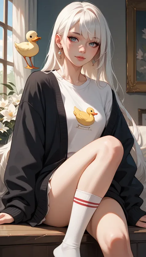 Izayoi Seishin artstyle, (score_9, score_8_up, score_7_up), (best quality, masterpiece),perfect anatomy,(aesthetic,very aesthetic),official style, (ultra-high resolution), 1girl, long white hair, white t-shirt with duck graphic, black cardigan, white sock,...