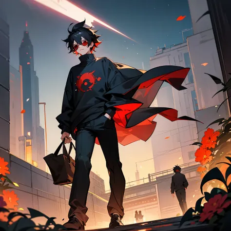 1male, adult, finely detailed red eyes, messy hair, black hair color, loose sweater, loose casual pants, night time, walking on path, city, somber expression, flowers, sun glasses