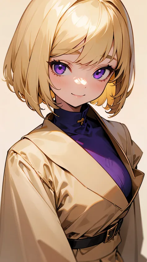 girl、smile、Blonde Hair、Purple Eyes、Bobcut、Beige background、The clothes are beige、