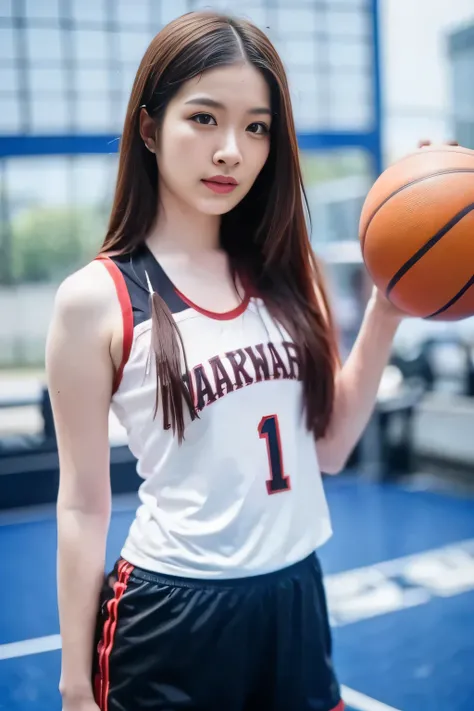 1 girl, wearing red sleeveless basketball jersey, black shorts, ((standing and holding a plastic water bottle)), close-up photo, sky background, in an outdoor basketball court, with sunlight in the foreground, blurred background