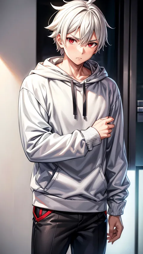 MASCULINE, Young, vtuber style, Boruto-like white hair, all white sweatshirt, gray pants, vibrant dark red eyes, solo, sad, half body