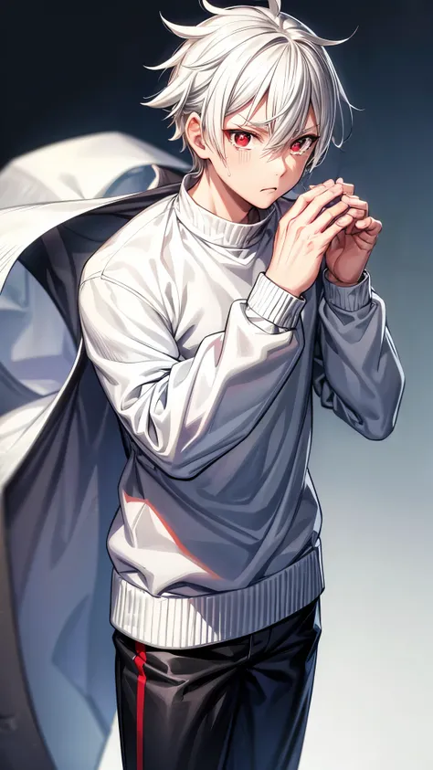 MASCULINE, Young, vtuber style, Boruto-like white hair, all white sweatshirt, gray pants, vibrant dark red eyes, solo, crying, half body