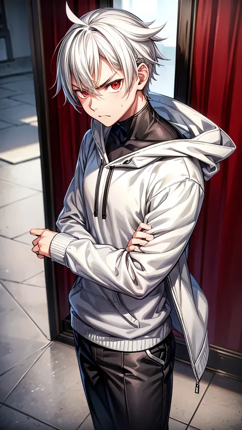 MASCULINE, Young, vtuber style, Boruto-like white hair, all white sweatshirt, gray pants, vibrant dark red eyes, solo, angry, half body