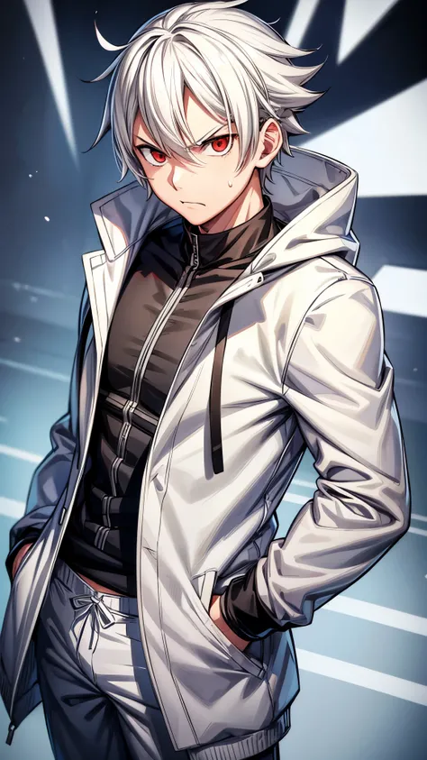 MASCULINE, Young, vtuber style, Boruto-like white hair, all white sweatshirt, gray pants, vibrant dark red eyes, solo, angry, half body