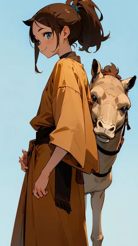 girl、smile、Brown Hair、Blue Eyes、Ponytail、Camel color background、Camel-colored clothes、