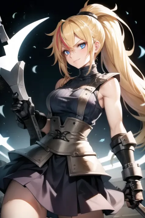 (masterpiece, best quality:1.2), Blue  glowing eyes, perfect face, highres, 1 girl, solo, ultra long ponytail, (female:1.5), strife, blonde hair, shoulder armor, sleeveless turtleneck, suspenders, belt, gloves, bracer, evil smile, standing, portrait, looki...