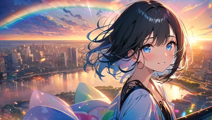 Angelic, beautiful 1girl, solo, gentle smile on her face flat chest, short hair, black hair, beautiful blue eyes, detailed woman, sunrise, rainbow, after the rain, horizon, in the sky, city , lens flare, colorful, high-res, 8K