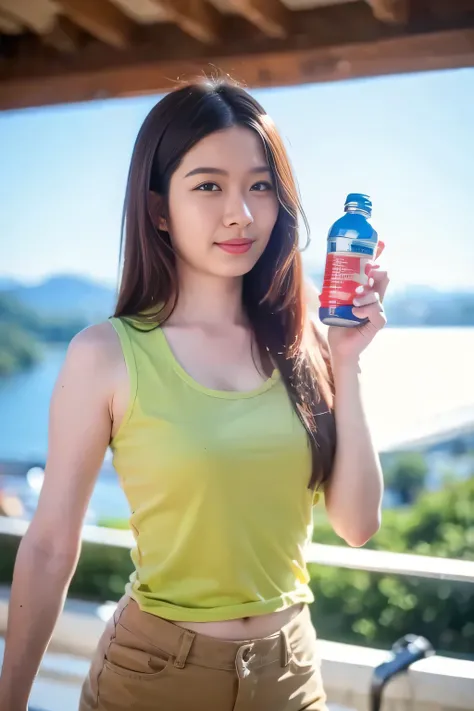 1 girl, wearing a brown tight sleeveless shirt, khaki shorts, khaki jeans, standing and holding a plastic water bottle, close-up photo, sky and mountains background, sunlight flare in front, blurred background