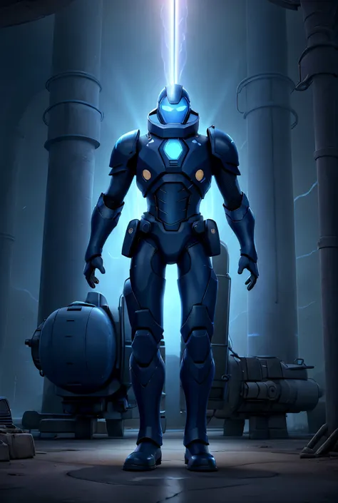 Man in dark blue iron armor with large reactor on chest light blue laser beam on palm jet boots iron tentacles on back weapons on shoulders without helmet 