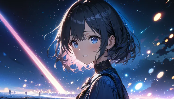 one girl, black short hair and bob hair、beautiful blue eyes、smile、gentle smile on her face、flat chest, one Beautiful girl,((masterpiece, illustration, best quality) ((ultra-detailed))、standing on a field viewing the night sky with dark clouds and stars, a ...