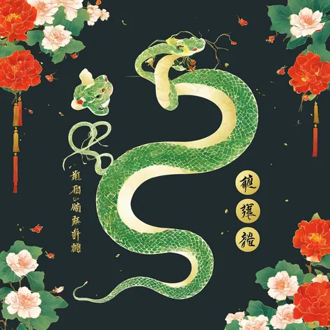 vectorial art, HD, artistic chinese, book cover, poster ilustration, Chinese art，chinese horoscope snake, abstract paintings, It was, HD, Chinese art, beautiful, Chinese zodiac snake, green snake vector with chinese red flowers and golden details, in green...