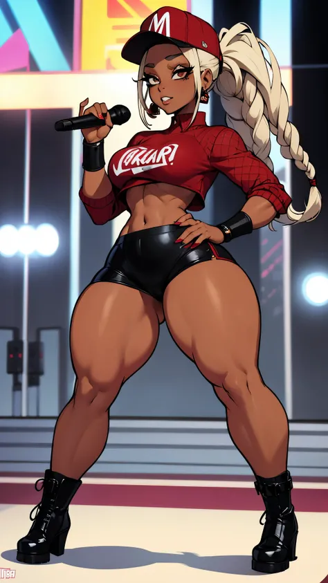 Rapper girl, dark skin, Thicc, dreadlocks, in concert, Nicky Minaj style, fishnet stockings, leather panties,  red shirt with bare midriff, cap, microphone in hand, thick thighs wide hips, rap album pose