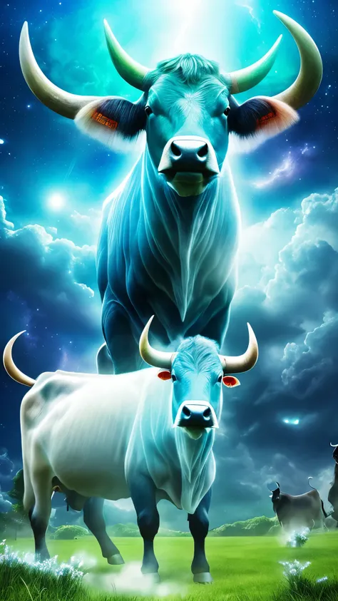 ox、Cow、Animal ox、Ultra-transparent layer creates a mystical effect, Celestial Bodies、universe、dynamic、high quality