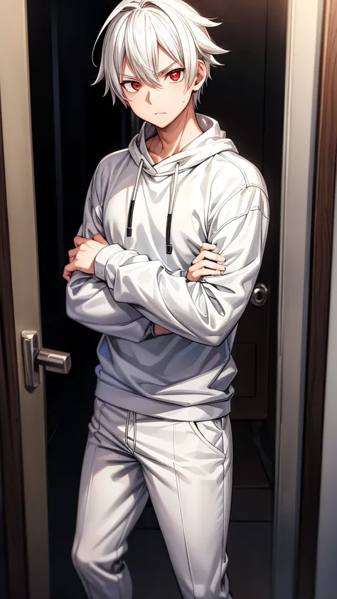 MASCULINE, Young, vtuber style, Boruto-like white hair, all white sweatshirt, gray pants, vibrant dark red eyes, solo, scared, half body