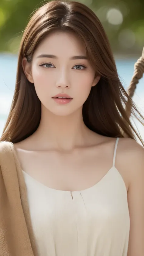 ((top quality、8k、​Masterpiece:1.3))、Cute 1 woman with perfect figure:1.4、((light brown hair、medium bust:1.2))、Lying in a hammock、hammock、at the beach:1.2、Highly detailed facial and skin textures、delicate eyes、double eyelids、Arms and chest、Dress casually