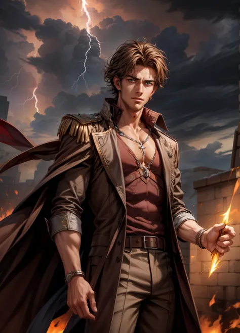 a handsome sorcerer rises from a whirlwind of fire and lightning,