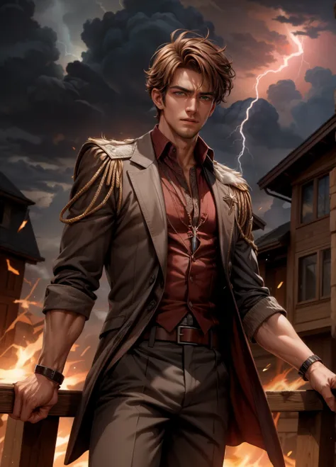 a handsome sorcerer rises from a whirlwind of fire and lightning,