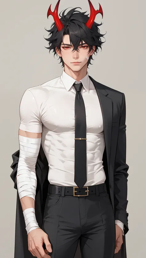 Izayoi Seishin artstyle, (score_9, score_8_up, score_7_up), (best quality, masterpiece),perfect anatomy,(aesthetic,very aesthetic),official style, (ultra-high resolution), 1boy, messy black hair, red devil horns, black suit, white shirt, black tie, tattere...