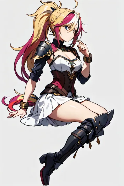 1 , Cabelo comprido, ultra long multicolored Franja, gorgeous, Cabelo loiro, long messy ponytail, shouder piece of armor, left bracelet, Short breastplate, long iron boots, cute pose, Alta resolução, Obra-prima, Melhor qualidade, simple background 