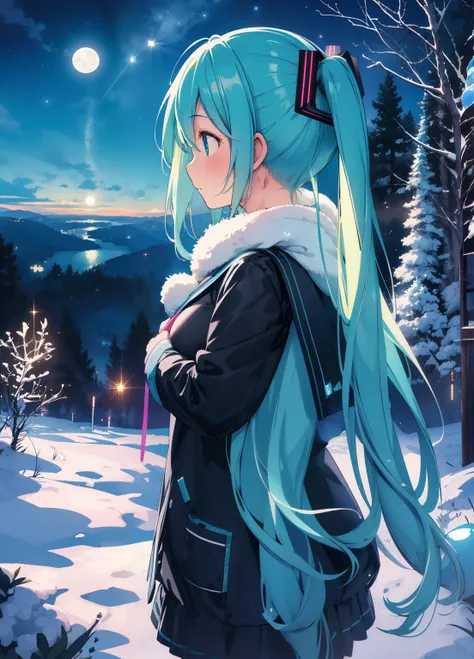 (masterpiece、Best Quality、Best Quality、Official Art、Beautiful and beautiful:1.2)、(One person:1.3)Hatsune Miku、Twin tails,Beautiful breasts,8. Blue moonlit night：Women standing on a hill，Illuminated by the soft moonlight。The night sky is dotted with countle...