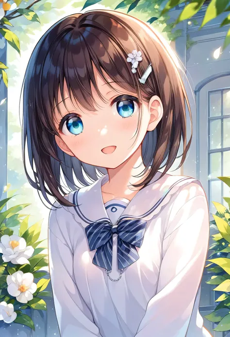 A quiet and timid girl、Black short hair female junior high school student、、laughing、A beautiful girl with slightly droopy eyes、、Anime Girls, Fascinating Anime Girls, anime style, Best anime girl, , Rei Hiroe, style, Anime Moe Art Style, Cute anime visuals,...