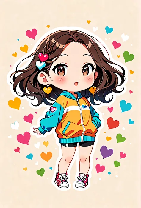 Ultra-realistic Mai Yoneyama colorful style, Simple lines acronym abstract art，(((The most beautiful woman of all time))), (((Chibi))), Colorful hearts, Cute design, Sports Fashion, Dark Eyes, (((happy holiday))), (((Cute Protozoan)))