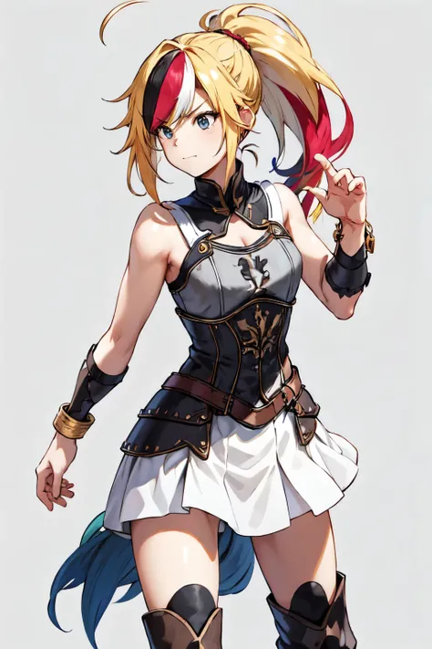 1 , Cabelo comprido, ultra long multicolored Franja, gorgeous, Cabelo loiro, long messy ponytail, shouder piece of armor, left bracelet, Short breastplate, long iron boots, cute pose, Alta resolução, Obra-prima, Melhor qualidade, simple background 